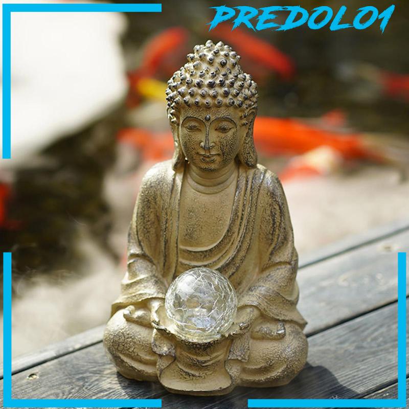 [Predolo1] Sitting Buddha Resin Statue Sculpture Figurines Decks Garden Solar Light