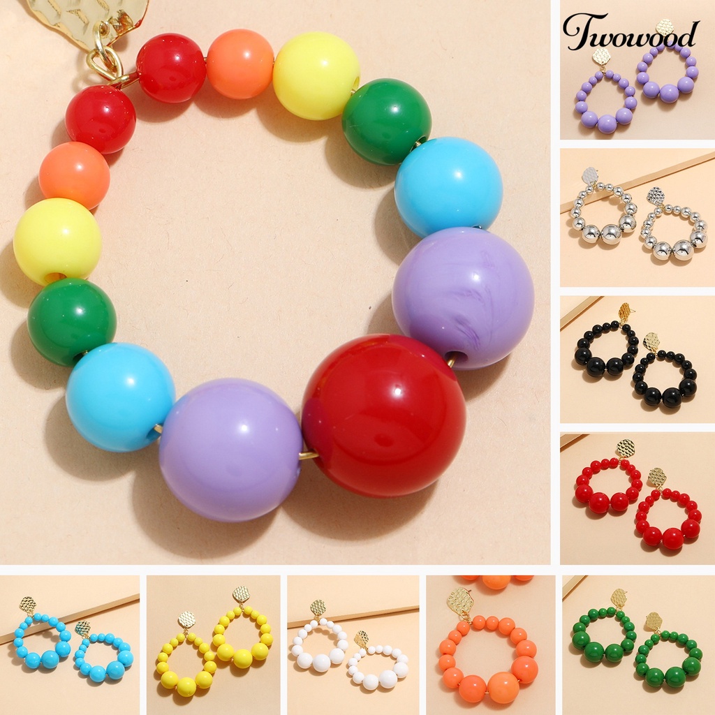 Twowood 1pasang Anting Pejantan Bola Warna Vibrant Tekstur Berlebihan Warna Penuh Pakaian Sehari-Hari Manik-Manik Plastik Wanita Stud Earrings Pakaian Sehari-Hari