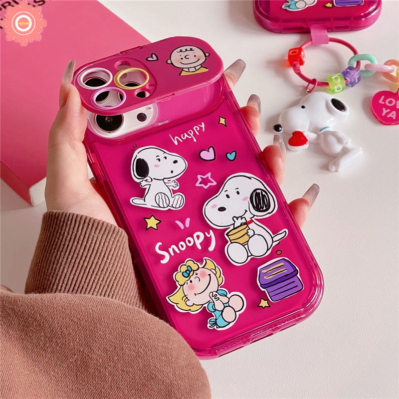 Kartun Snoopy Charlie Brown Lembut TPU Cermin Casing Kompatibel Untuk IPhone XR 78 Plus 11 14 13 12 11 Pro MAX X XS MAX SE 2020 Rose Red Kreatif Flip Make Up Mirror Shockproof Case