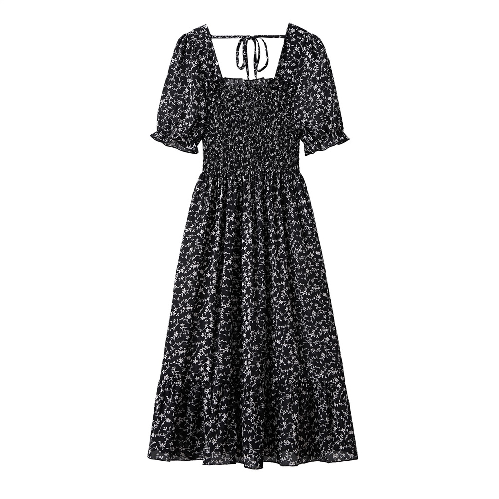 Fashion Gaya Korea Gaun Lengan Pendek Hitam Bunga Wanita Bali Dada Lipit Musim Panas Dress Satu Bahu Fashion Korean Short Sleeve Summer Floral Midi Dress