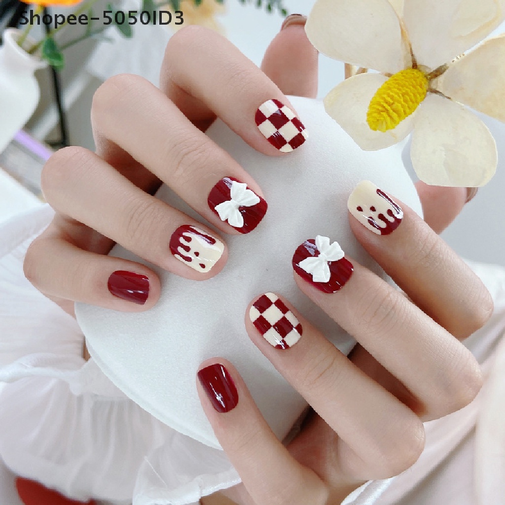 [HOT] Bow-knot Pendek Tekan On Kuku Set Dengan Lem Jelly Manikur Dekorasi Kuku [ID]