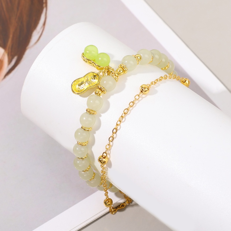 Gelang Rantai Ganda Kacang Elegan/Temperamen Imitasi Hetian Jade Bangle/Gaya Nasional Adjustable Strings Beaded Bracelet