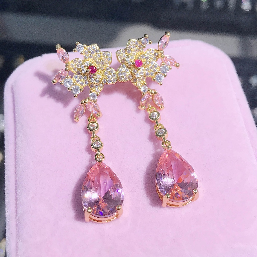 Goldkingdom Fashion Perhiasan Aksesoris Ready Stock Bunga Anting Stud Perak Jarum Tiga Dimensi Rose Pink Tetesan Air Berbentuk Permata Anting Kristal Panjang Anting Wanita