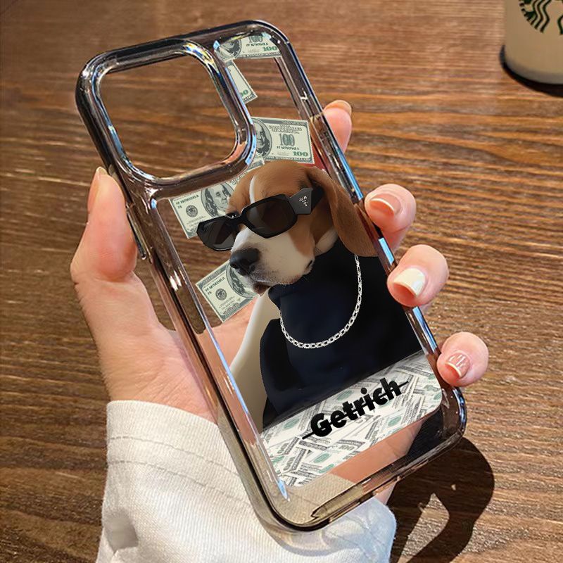 IPHONE Casing Tahan Guncangan Lembut Kucing Anjing Yang Kaya Kompatibel Untuk Iphone11 14 13 12 Pro XS Max X XR 7 +8 6 6S Plus Casing Hitam TPU Unik Tombol Cover Pelindung Kamera