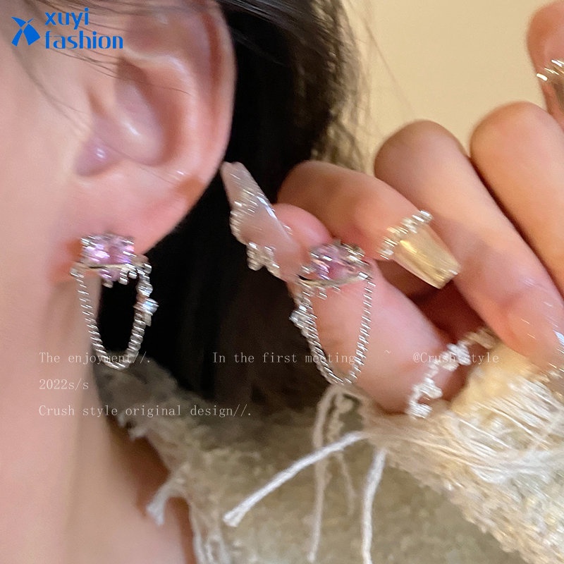 Anting Hati Zirkon Pink Manis Silver Rumbai Drop Earring Untuk Aksesoris Perhiasan Wanita