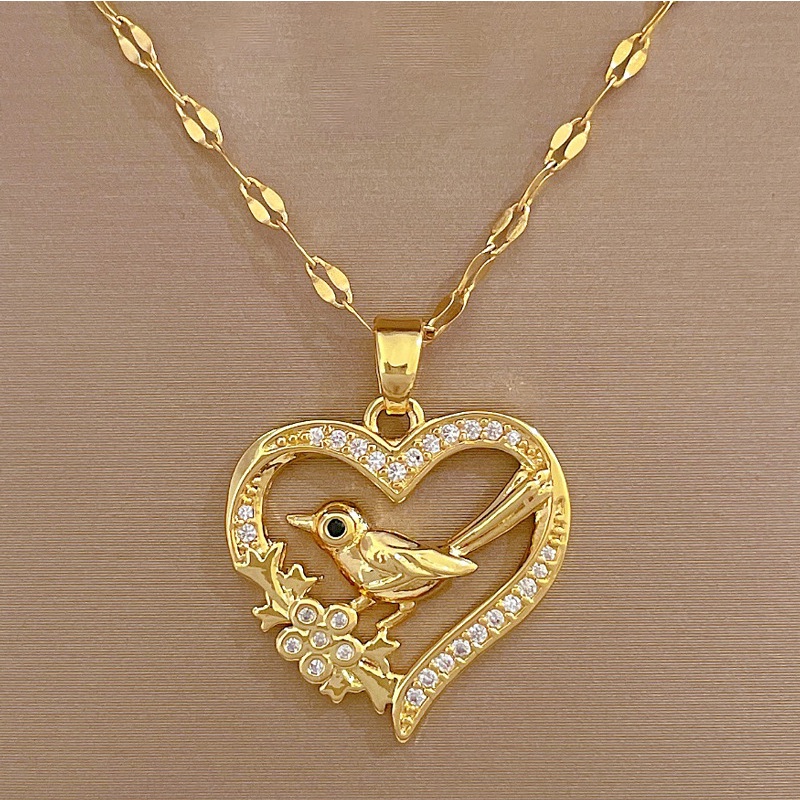 Kalung Titanium Asli Wanita Anti Karat Emas 18K Berlian Beruntung Karakter   Love Bird Aksesoris