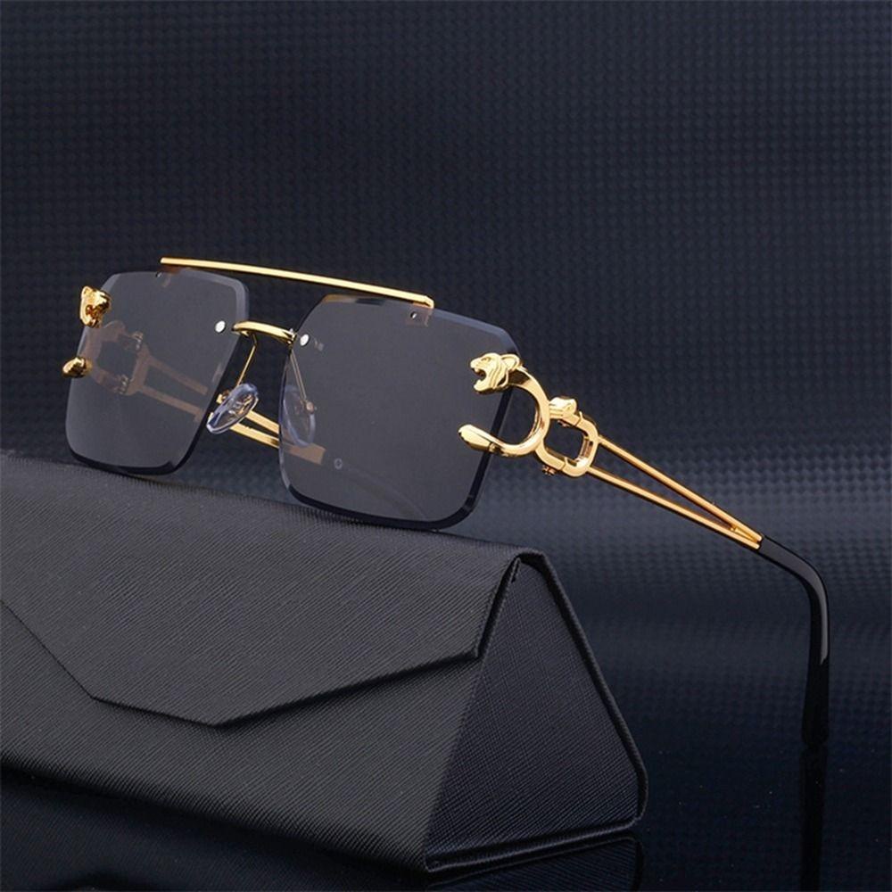 Agustinina Kacamata Hitam Anti-UV Kepribadian Vintage Bingkai Tanpa Bingkai Kacamata Gaya Punk Leopard Steampunk Korea Eyewear