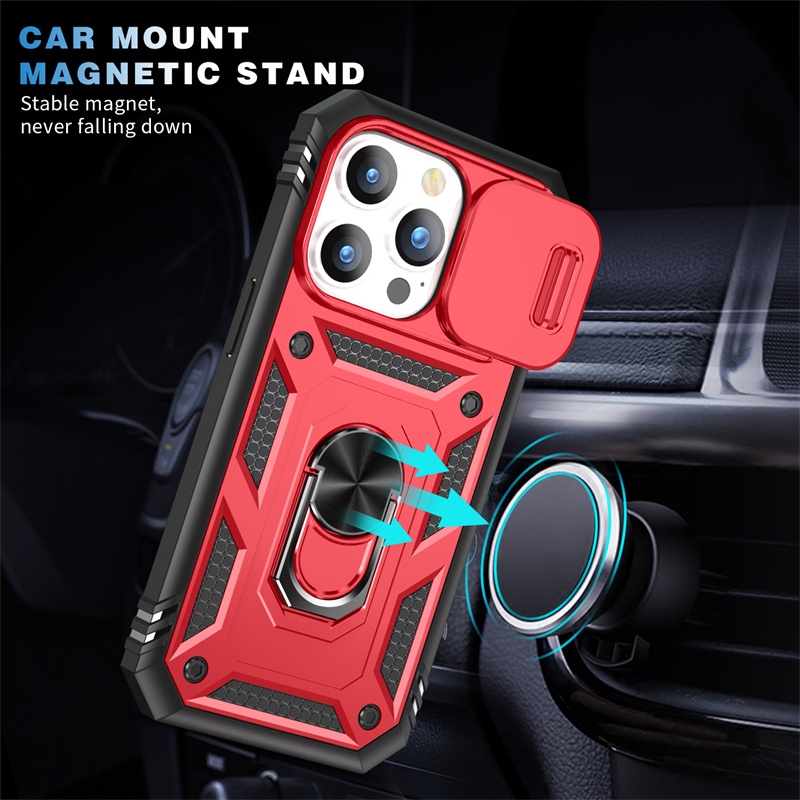 IPHONE 3 &amp;1 Hard PC+TPU Full Cover Untuk Iphone14 13 12 11 Pro X XS Max 14 8 7 6 Plus XR 360° Bracket Push Window Lensa Casing Belakang