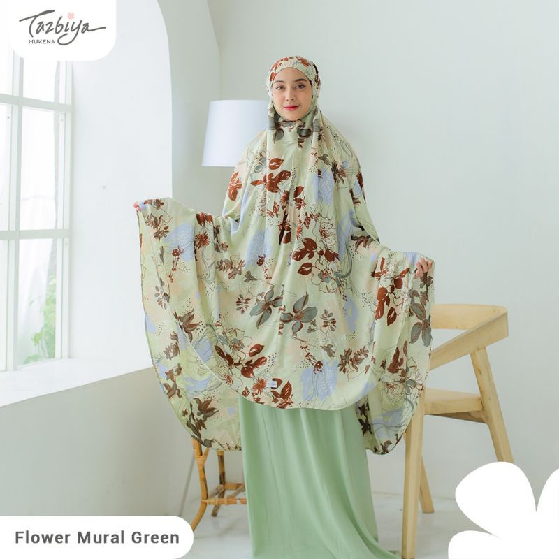 Mukena Tazbiya Flower Mural Series Green/Salem/Navi Jumbo Dewasa Katun Rayon Adem Motif Cantik Traveling