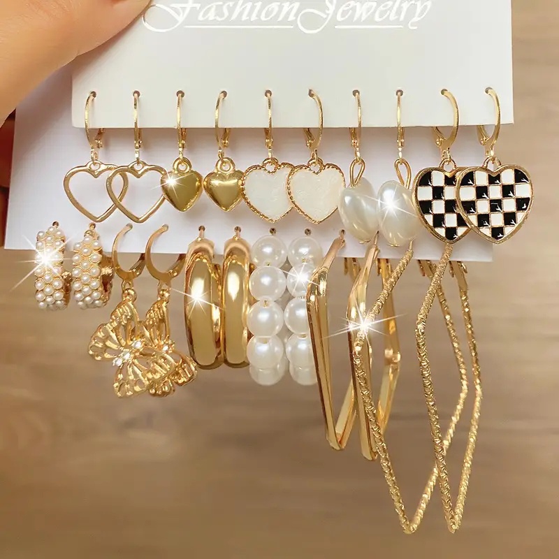 Set Anting Mutiara Emas Mewah Untuk Wanita Fashion Hati Kupu-Kupu Hoop Earring Perhiasan Aksesoris