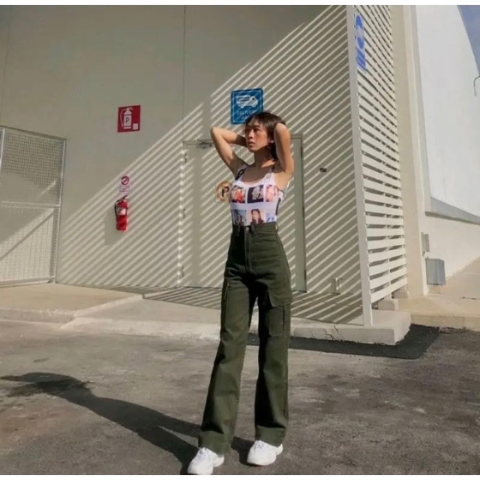 Highwaist Loose Jeans Cargo Green Army