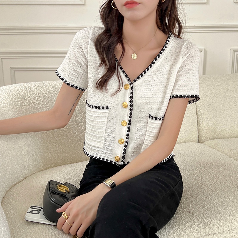 [2 Warna] EUNII Atasan Kemeja Lengan pendek All-Match Korean Style Fashion Retro V-neck Rajut