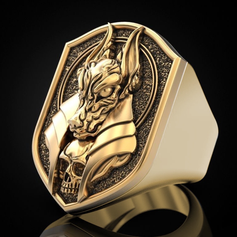 Goldkingdom Fashion Perhiasan Aksesoris Ready Stock Kreatif Mitologi Mesir Kuno Kematian Dewa Anubis Cincin Vintage Jackal Kepala Tubuh Berlapis Emas Asli Kadar 375 18 K Laki-Laki Cincin