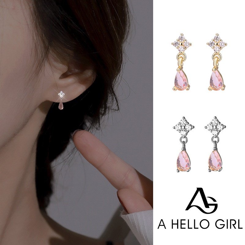 Anting Tusuk Model S925 Silver Pink Diamond Drop Untuk Wanita