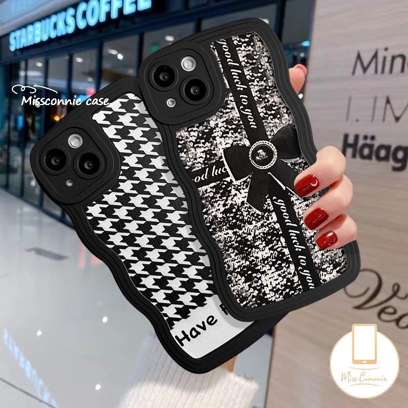 Casing Redmi A1 12C 10 9A 9T 9 10A A1+10C 9C NFC POCO X3 NFC Pro M3 Redmi Note 11 11s 8 9 10 10s 11Pro 9s 10Pro Max Mi 11T Pro Motif Houndstooth Retro Bow-Knot Bergelombang Edeg Sarung