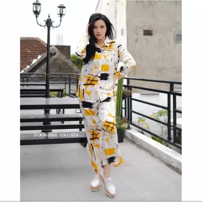 DISKON SHOPEE/ Setelan Kekinian Wanita Lengan Panjang / ONE SET Piyama Hitz Selebgram - Fello Kuning