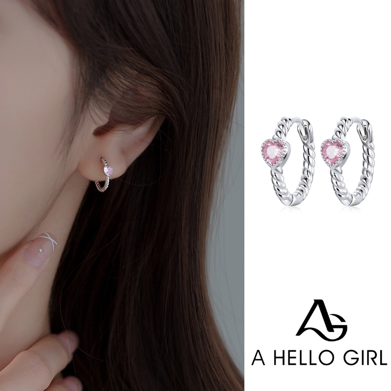 Anting Desain Hati Bahan Zirkon Warna Pink Gaya Korea Untuk Wanita