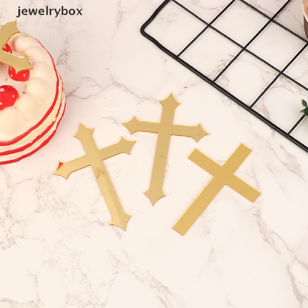 [jewelrybox] 5pcs 10 * 7cm Akrilik Salib Emas Topper Perjamuan Pertama Minimalis Sisipan Kue Butik