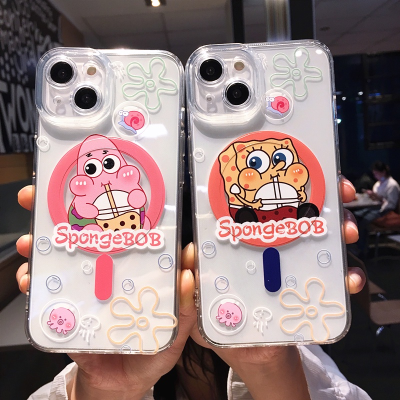 IPHONE Untuk Iphone14 13 12 11 Pro Max Ponsel Transparan Magnetik Soft case Kartun Lucu Spongebob