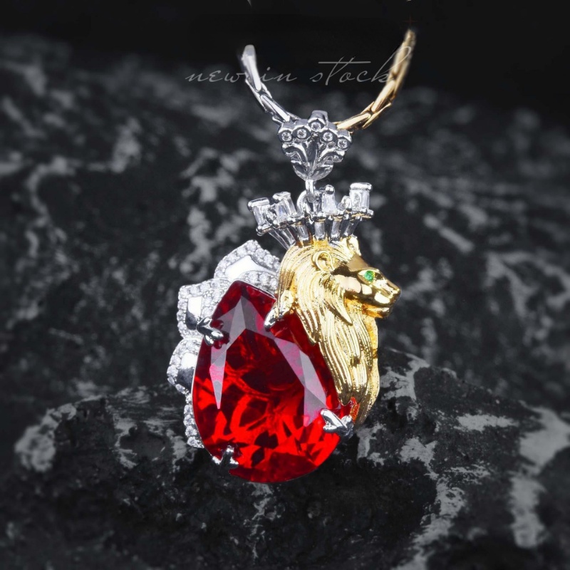 Goldkingdom Fashion Perhiasan Aksesoris Ready Stock Itali Bicolor Kerajinan Emas Lion King Mahkota Set Dove Blood Ruby Liontin Berlian Merah Anting Terbuka Cincin