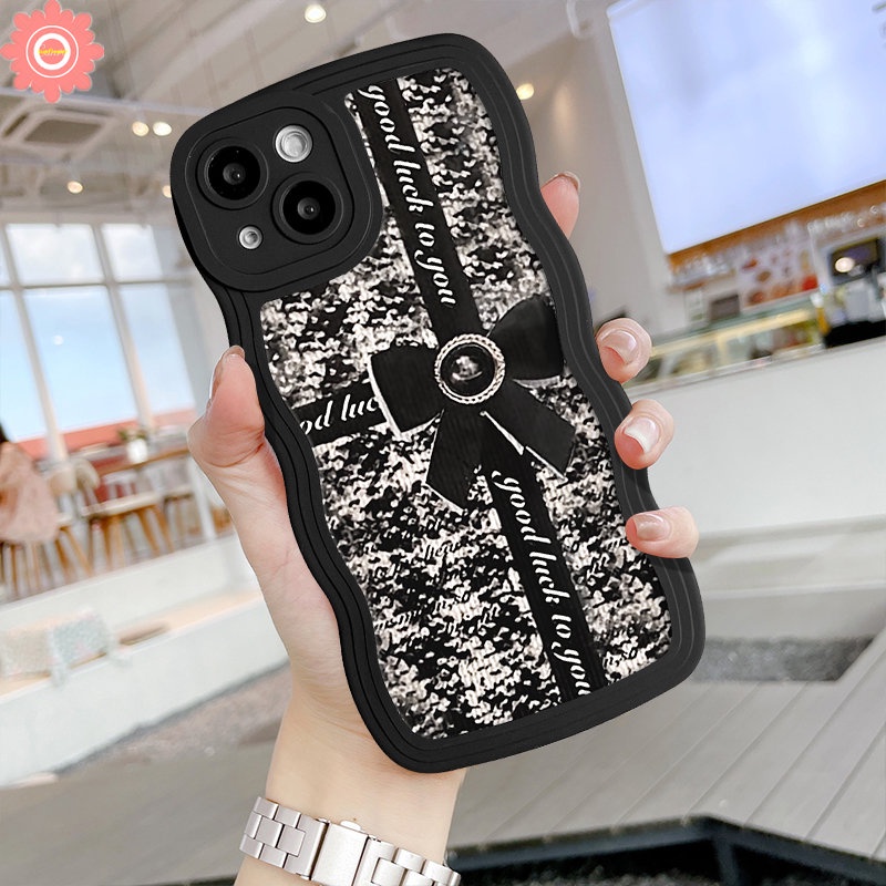 IPHONE Kompatibel Untuk Iphone11 7 8 Plus XR 13 12 14 Pro Max 6s 6x XS Max14 Plus SE 2020 7Plus Retro Fashion Hitam Bow-Knot Wavy Edge Soft Back Cover