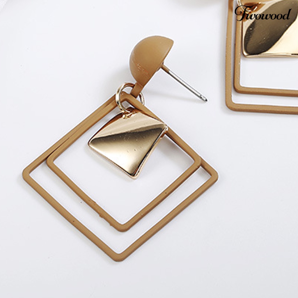 Twowood 1pasang Menjuntai Anting Geometris Matte Kepribadian Minimalis Berongga Double Belah Ketupat Wanita Stud Earrings Fashion Jewelry