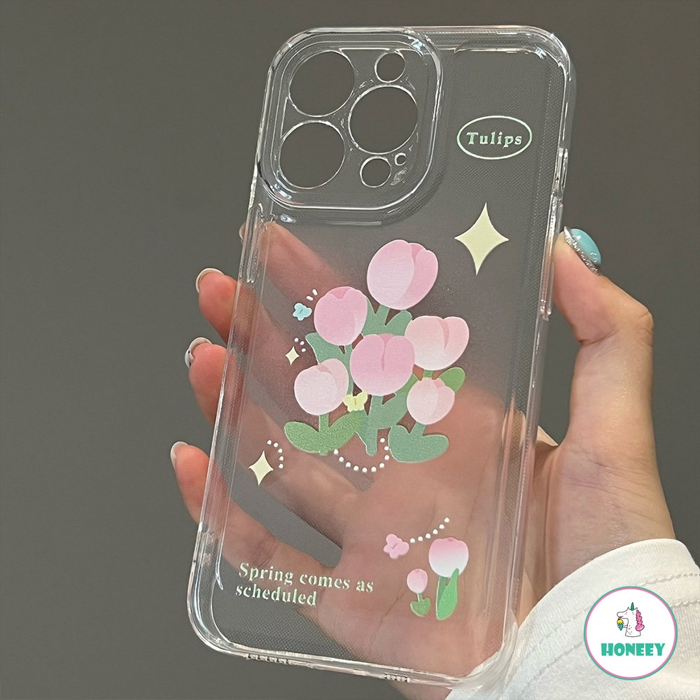 IPHONE Gadis Manis Bunga Tulip Pink Art Laser Retro Casing Ponsel Untuk Iphone14 13 11 12 Pro Max Xs Max XR 7 8 Plus ​Case Cute Lembut Cove