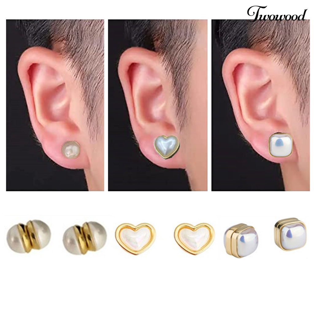 Twowood 1/2pasang Anting Klip ic Mutiara Imitasi Bulat/Kotak/Hati Mengkilap Berlian Imitasi Penuh Penurunan Berat Badan Hadiah Wanita Klip Telinga Pesta Pernikahan Perhiasan Aksesori Busana