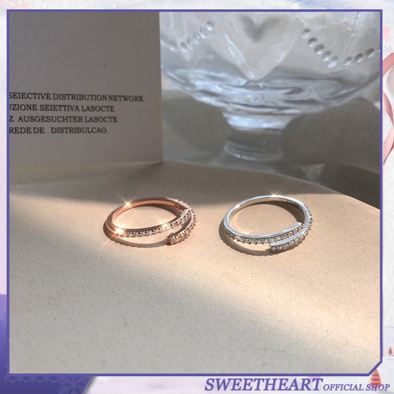 Cincin Mikro Pave Ziecon Warna Rose Gold Aksen Kristal Untuk Wanita