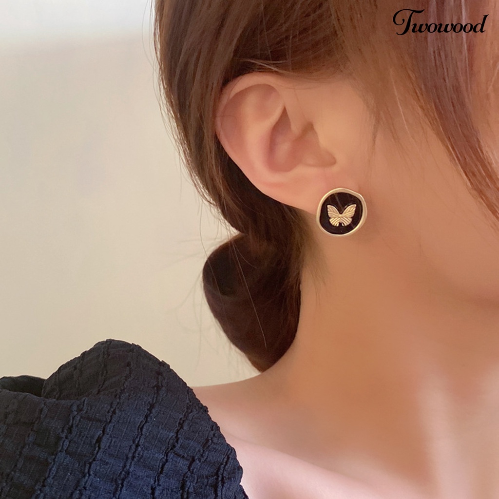 Twowood 1pasang Ear Studs Retro Gaya Perancis Menjatuhkan Minyak Tidak Teratur Bulat Hadiah Kepribadian Hitam Emas Kupu-Kupu Wanita Anting Perhiasan Fashion