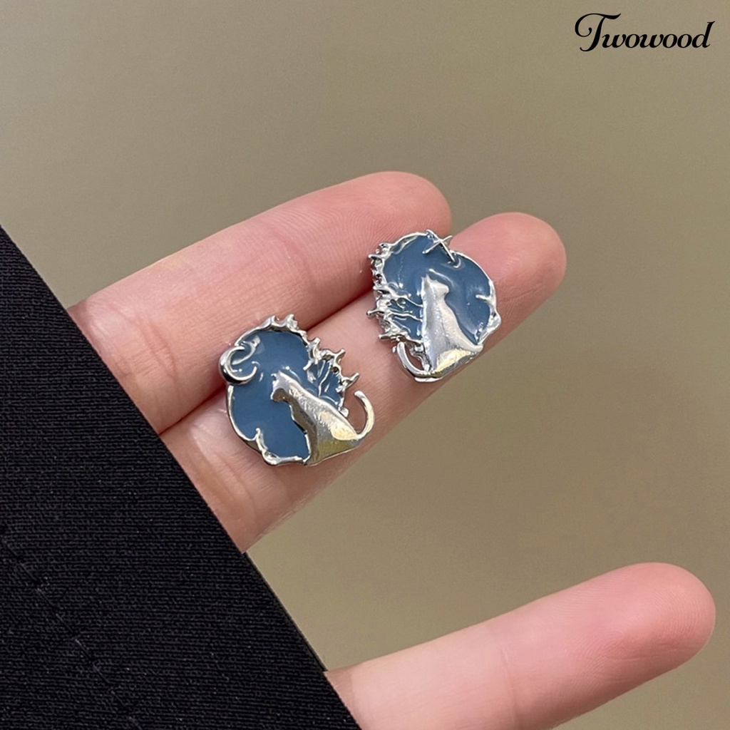 Twowood 1pasang Ear Studs Temperamen Elegan Tidak Teratur Fancy Hypoallergenic Biru Menjatuhkan Minyak Kucing Wanita Anting Perhiasan Fashion