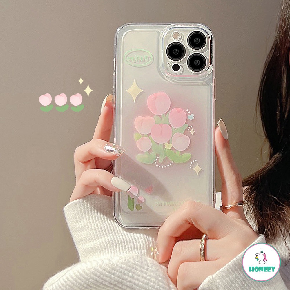 IPHONE Casing Ponsel Bunga Tulip Laser Glitter Mewah Untuk Iphone14 13 12 11 Pro XS Max XR X 8Plus Full Cover TPU Shockproof Cover