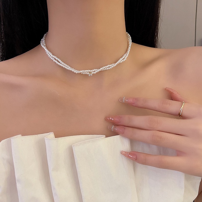 Kalung Choker Rantai Klavikula Aksen Mutiara Untuk Wanita