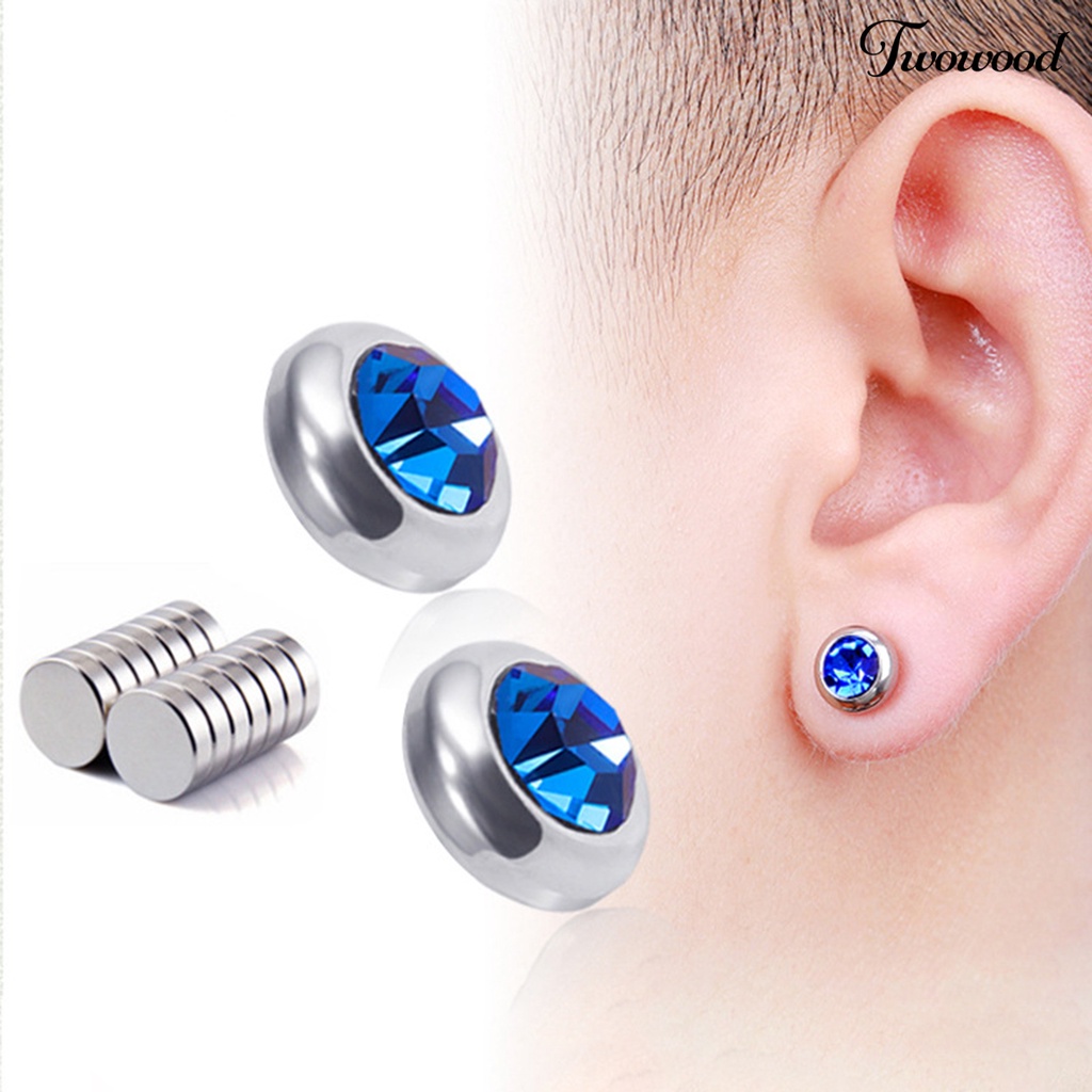 Twowood 1pasang Ear Studs Non-Piercing ic Stainless Steel Bulat Berwarna Berlian Imitasi Tertanam Pria Wanita Anting-Anting Perhiasan Fashion