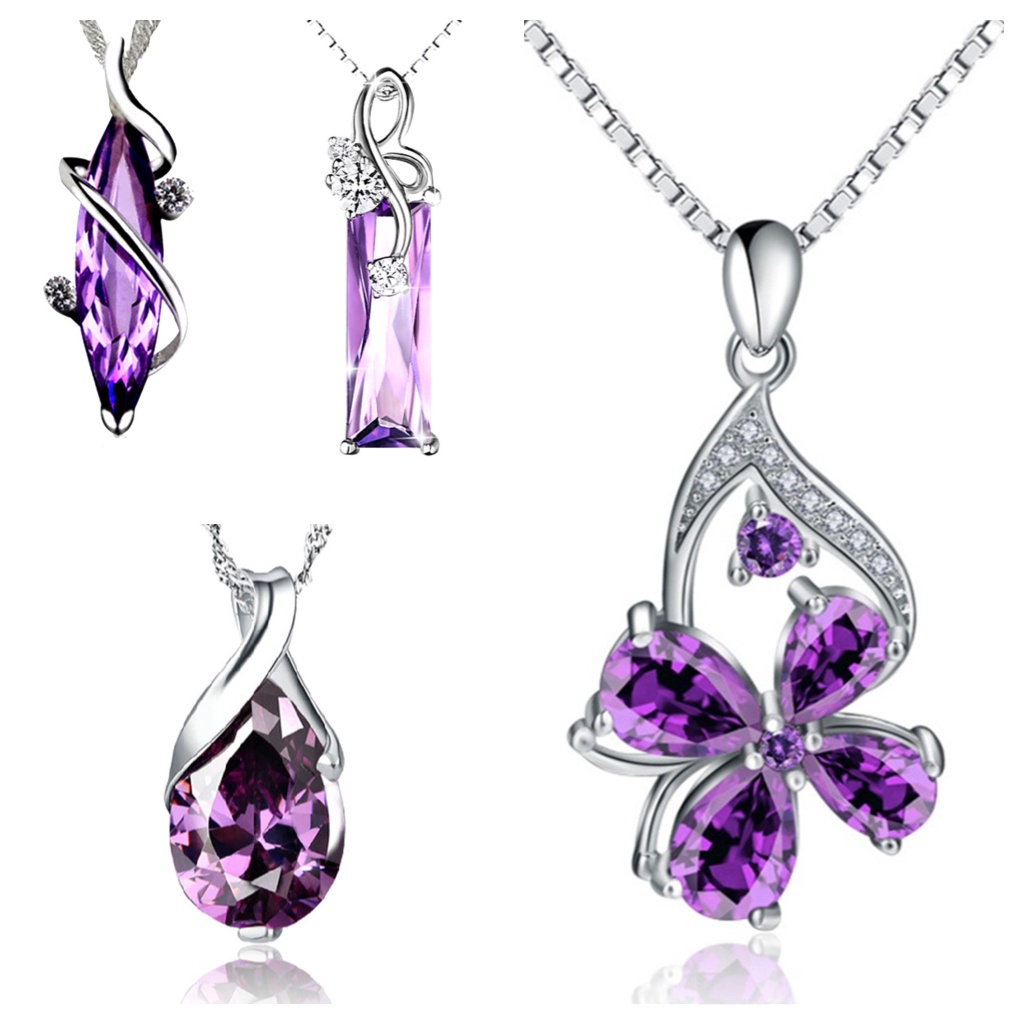 Goldkingdom Aksesoris Perhiasan Fashion Ready Stock Desain Kecil Perak Berlapis Empat Daun Rumput Amethyst Berlian Set Kalung Korea Kerah Pendek Rantai Liontin Untuk Wanita