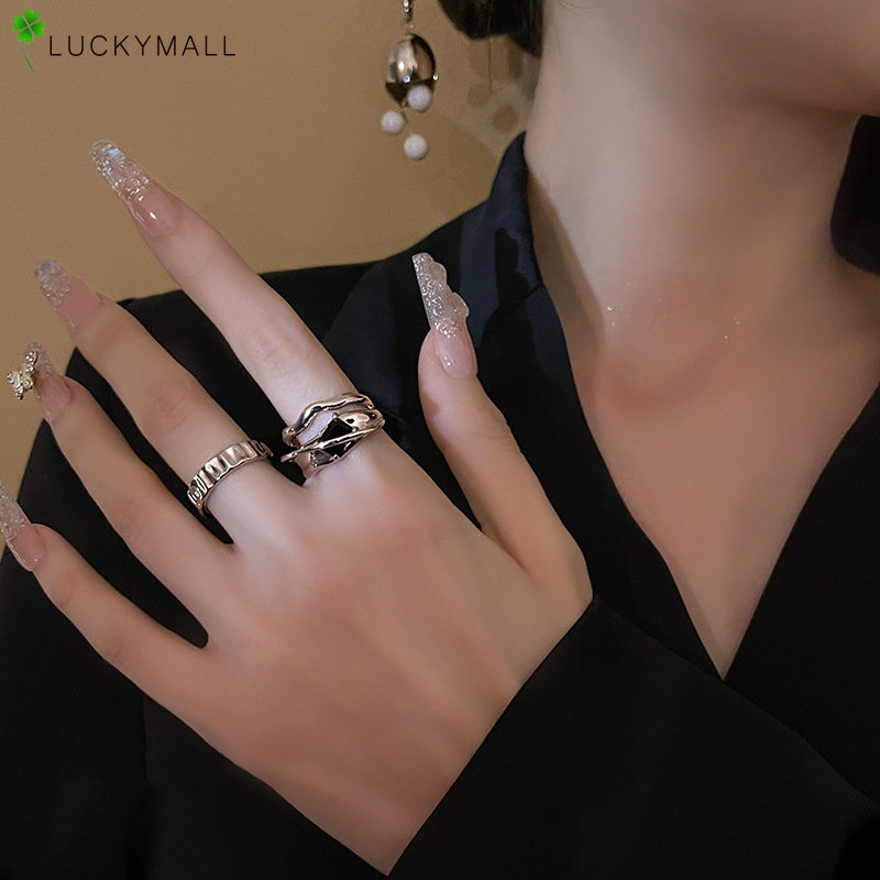 2pcs Fashion Hitam Perak Cincin Set Untuk Wanita Elegan Jari Cincin Jewerly Aksesoris