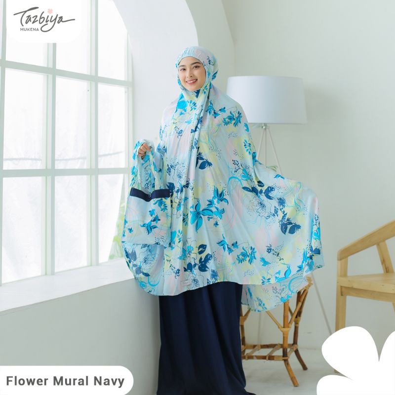 Mukena Tazbiya Flower Mural Series Green/Salem/Navi Jumbo Dewasa Katun Rayon Adem Motif Cantik Traveling