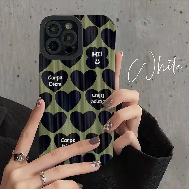 【Lamb Skin】Green Black Love Soft Case for IPhone 6S 7 Plus 8 Plus X XS XR XS Max 11 13 12 14 PRO Max 14 Plus 12 13 Mini Camera Protect Cute Women's Fashion