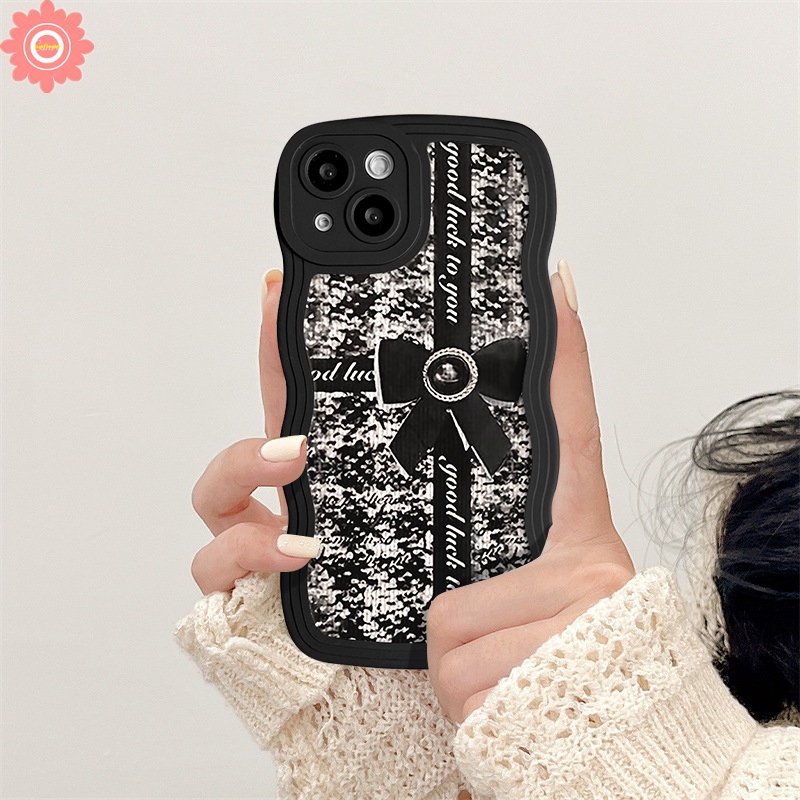 Redmi A1 9 10 9T 10C 9A A1+10A 9C NFC POCO X3 NFC Pro M3 Redmi Note 11 9 8 10 10s 11s 11Pro 9s 10Pro Max Mi 11T Pro Hitam Fashion Retro Bow-Knot Wavy Edge Soft Case