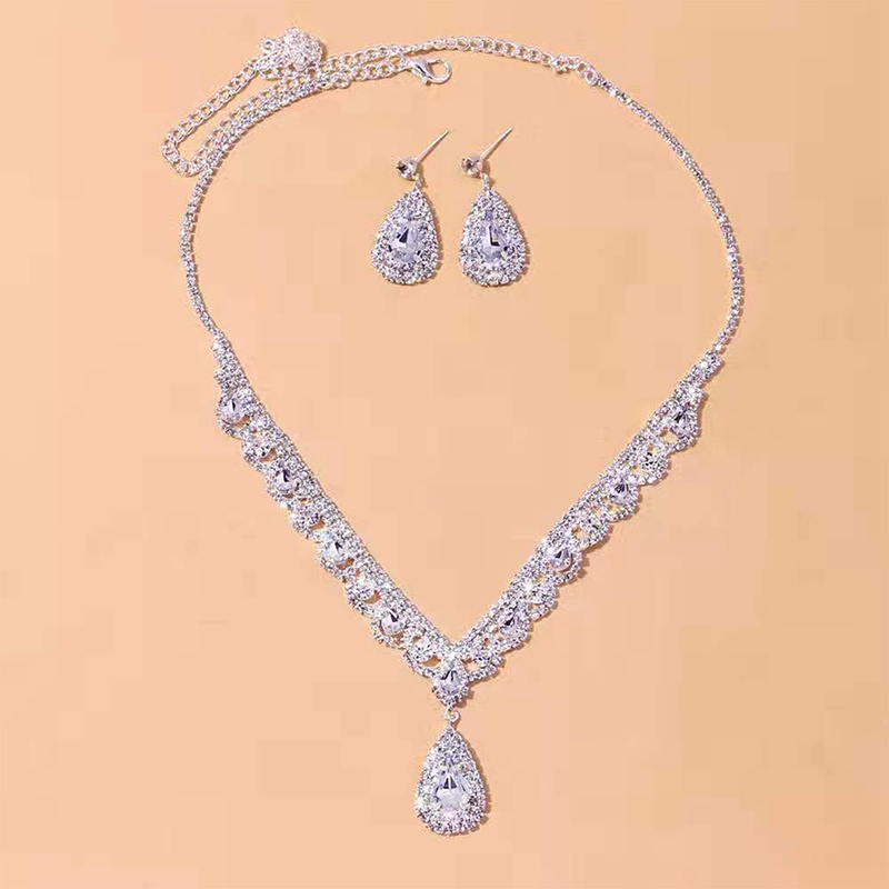 Fashion Bridesmaid Bridal Set Perhiasan Untuk Wanita Berlian Imitasi Kristal Kalung Anting Set Pernyataan Pernikahan Perhiasan Set