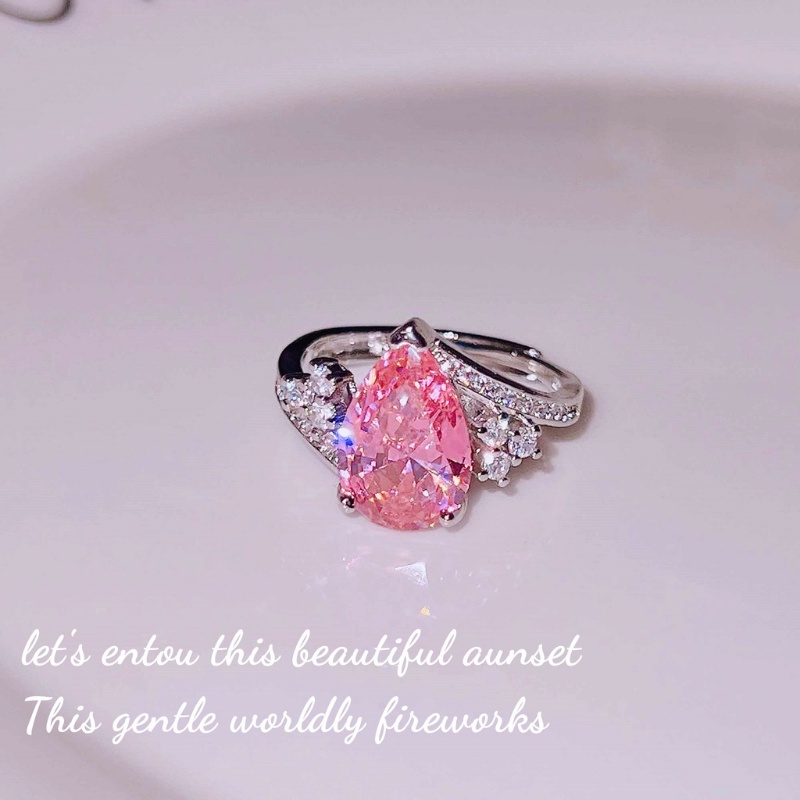 Goldkingdom Fashion Perhiasan Aksesoris Ready Stock Mewah Argyle Merah Muda Berlian Mahkota Cincin Aquamarine Karbon Tinggi Berlian Berbentuk Pir Caibao Pembukaan Cincin