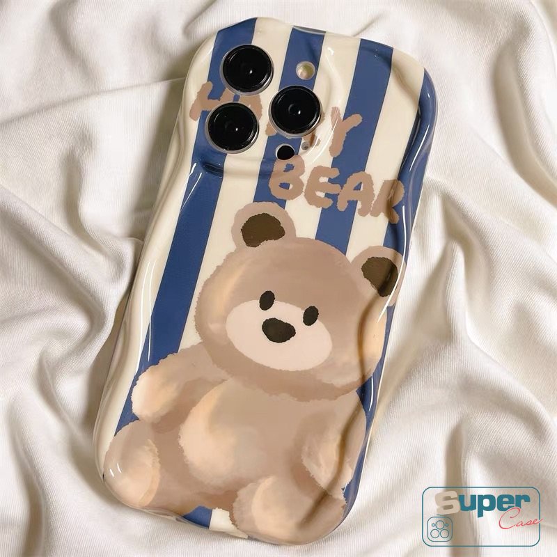 Case Glossy Garis Beruang Kartun Lucu Kompatibel Untuk iPhone 7Plus 11 Pro Max XR X 6s 7 6 8 Plus 13 14 12 Pro Max XS Max SE 2020 3D Wavy Curved Edge Soft Tpu Shockproof Cover