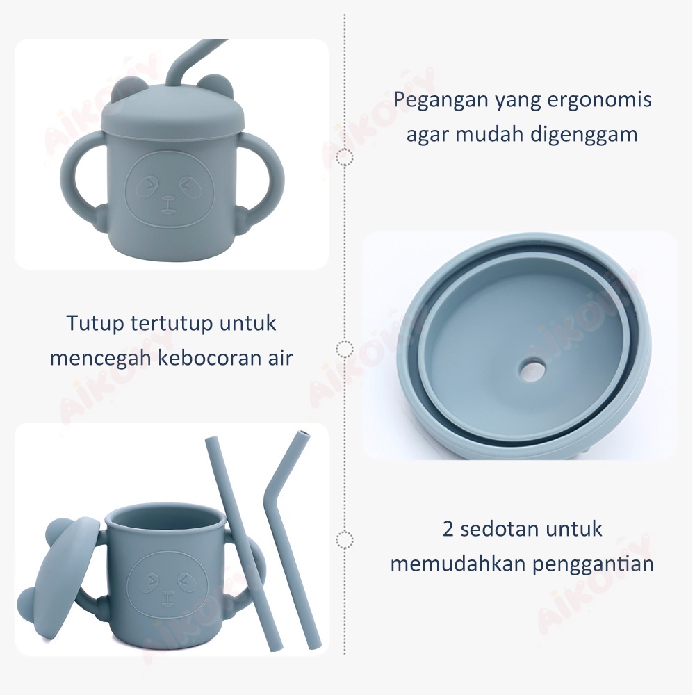 Aikoky Gelas Minum Bayi Silicon / Gelas Silikon Bayi Dan Sedotan / Bpa Free Training Cup Baby