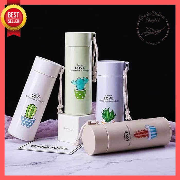 GOS -F404- Botol Minum Kaktus Thermos Kaca - Botol Kaca Minum Botol Motif Cactus Love 450ml