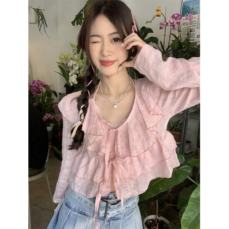 Red kumikumi design sense short lace-up ruffled shirt women s spring inner wear hanging neck kamisol two-piece set