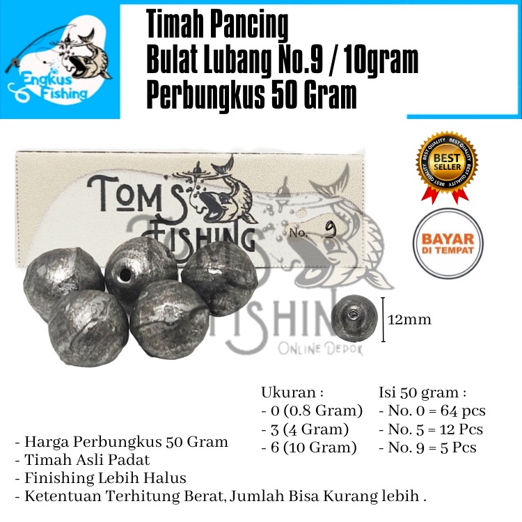 Timah Pancing Model Lada Bulat Lubang Perbungkus 50gram (No.0/0.8gr, 5/4gr &amp; 9/10gr)  Murah - Engkus Fishing