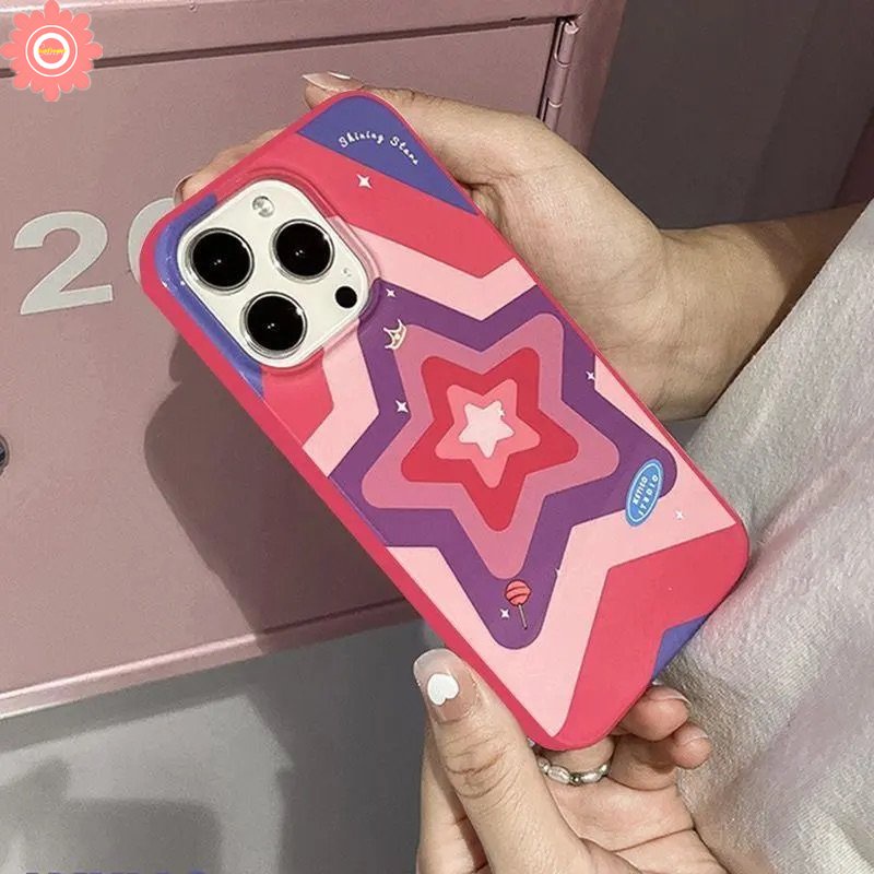 IPHONE Ins Rose Red Gradient Star Phone Case Kompatibel Untuk Iphone11 7plus XR 14 13 12 Pro Max 7 8 Plus X XS Max SE 2020 Cinta Hati Shockproof Camera Protection Glossy Soft Cover