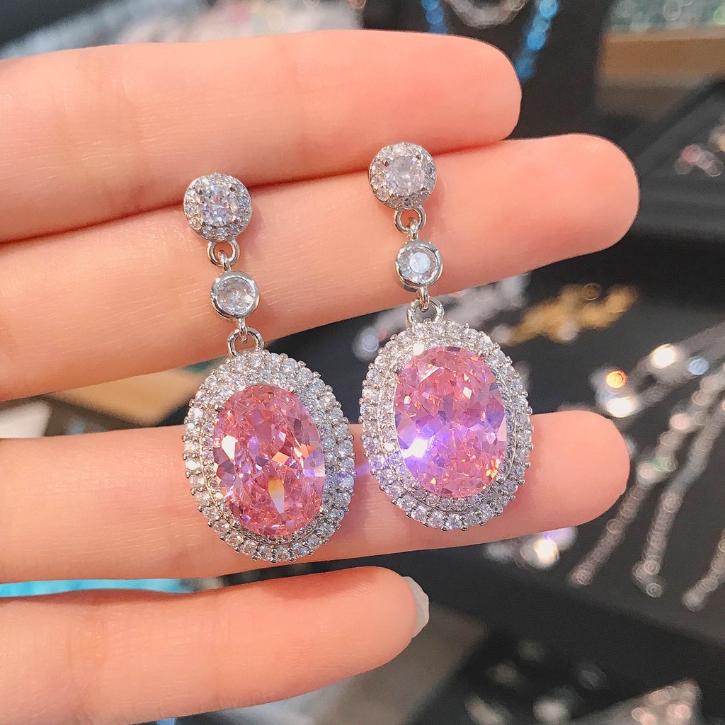 Goldkingdom Fashion Perhiasan Aksesoris Ready Stock Baru Ascher Berlian Kuning Stud Earrings Desain Berat Ringan Mewah Argyle Pink Berlian Anting Panjang Wanita
