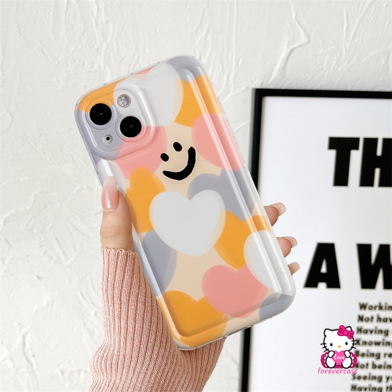 IPHONE Case Pelindung Kamera Cinta Hati Warna-Warni Kompatibel Untuk Iphone13 11 14 12 Pro Max6 6S 8 7 Plus XR XS X MAX Kartun Smiley Lembut TPU Silicon Shockproof Airbag Penutup Belakang