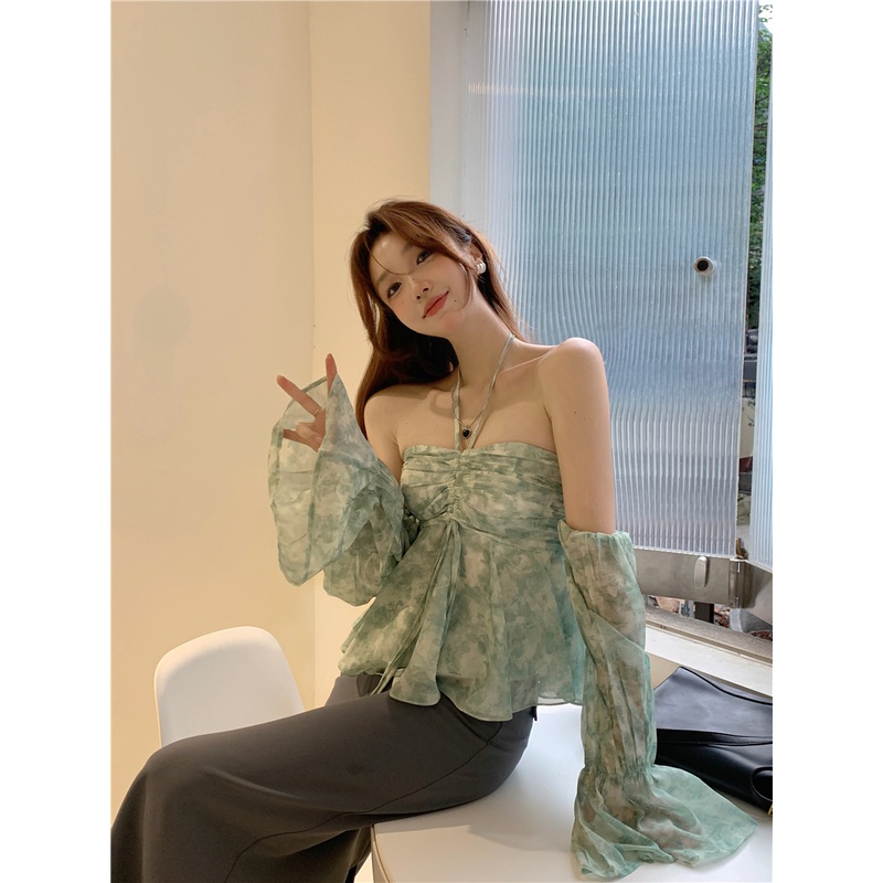 Red Keinginan Murni Menggantung Leher One-Shoulder Bunga Chiffon Kemeja Wanita Musim Panas Gaya Perancis Slim Top Lengan Panjang Seksi off-Shoulder Kemeja